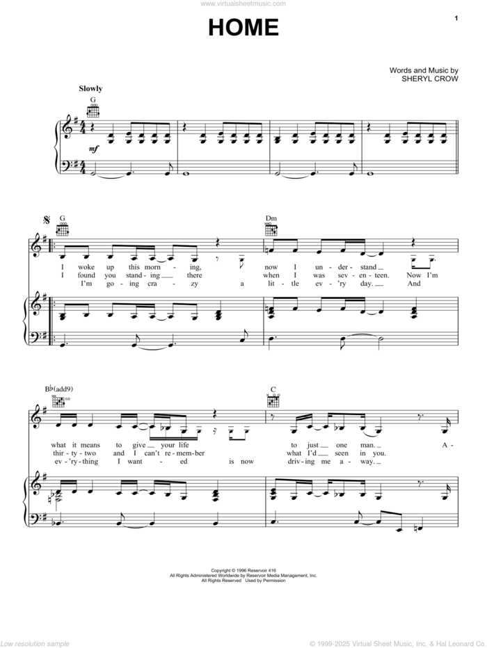 Home sheet music for voice, piano or guitar by Sheryl Crow, intermediate skill level