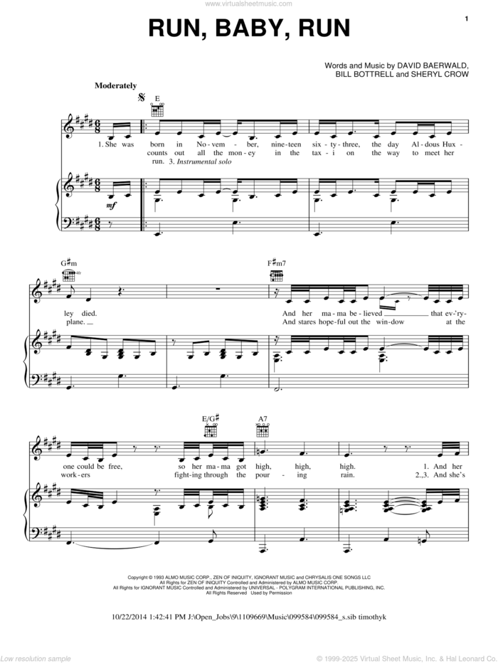 Run, Baby, Run sheet music for voice, piano or guitar by Sheryl Crow, Bill Bottrell and David Baerwald, intermediate skill level