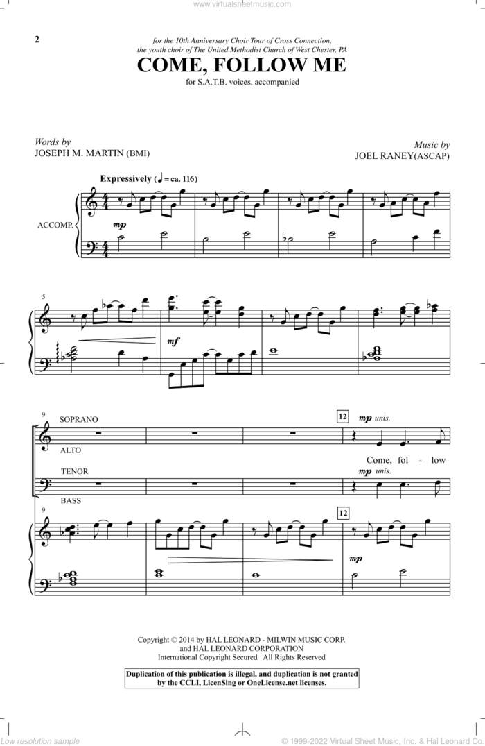 Come, Follow Me sheet music for choir (SATB: soprano, alto, tenor, bass) by Joseph M. Martin and Joel Raney, intermediate skill level