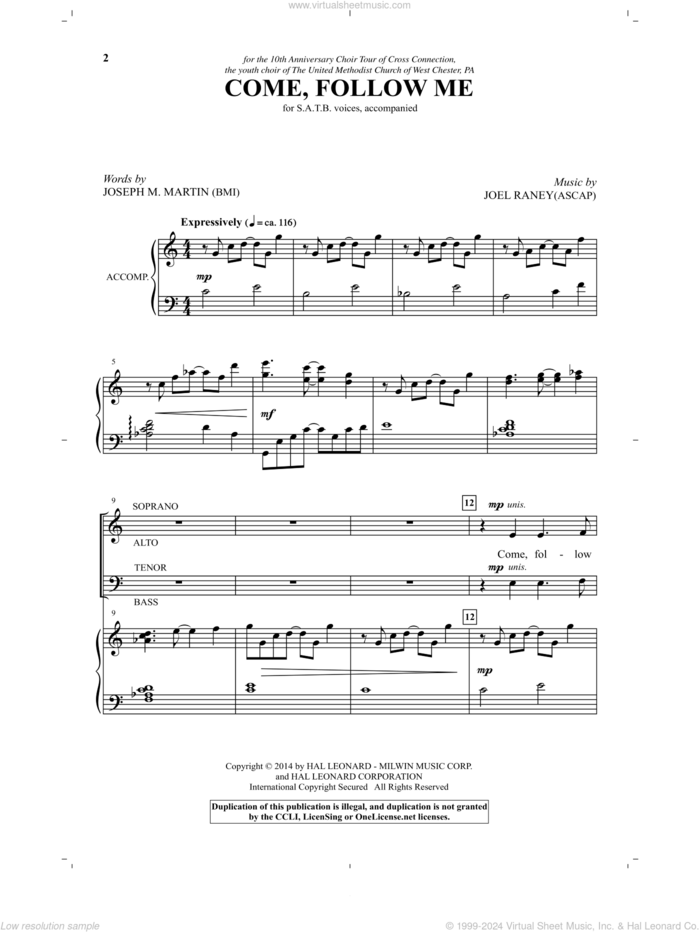 Come, Follow Me sheet music for choir (SATB: soprano, alto, tenor, bass) by Joseph M. Martin and Joel Raney, intermediate skill level