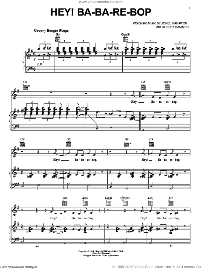 Hey! Ba-Ba-Re-Bop sheet music for voice, piano or guitar by Lionel Hampton and Curley Hammer, intermediate skill level