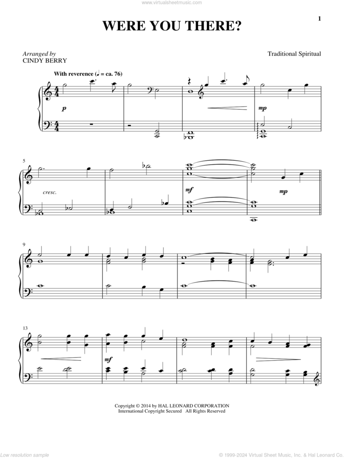 Were You There? sheet music for piano solo by Cindy Berry, Charles Winfred Douglas (Harm) and Miscellaneous, intermediate skill level