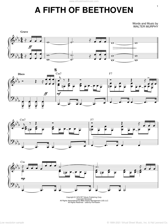 A Fifth Of Beethoven sheet music for piano solo by Walter Murphy, intermediate skill level