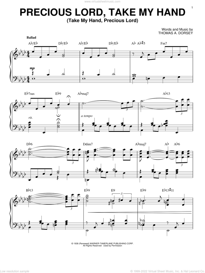 Precious Lord, Take My Hand (Take My Hand, Precious Lord) [Jazz version] (arr. Brent Edstrom) sheet music for piano solo by Tommy Dorsey, intermediate skill level