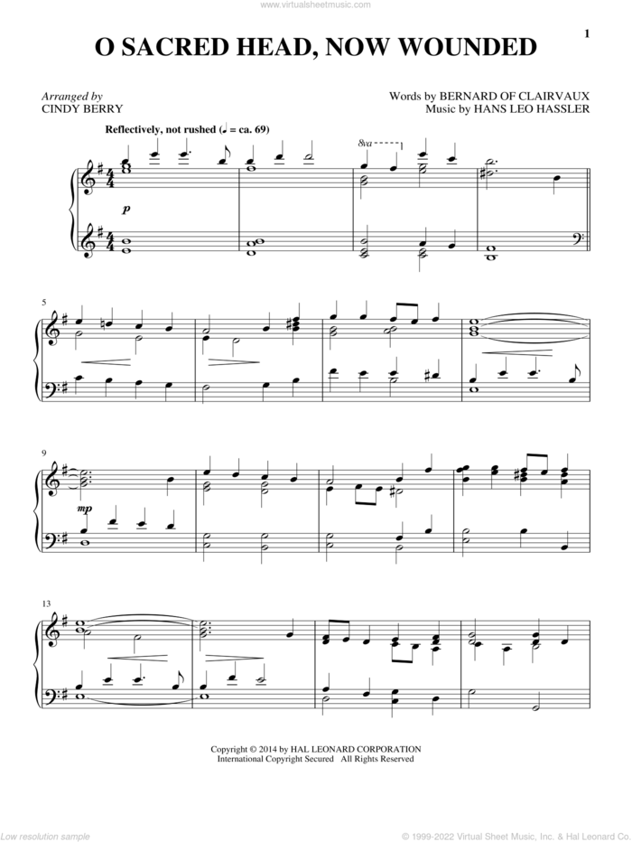 O Sacred Head, Now Wounded sheet music for piano solo by Bernard of Clairvaux, Cindy Berry, Hans Leo Hassler and James Alexander, intermediate skill level