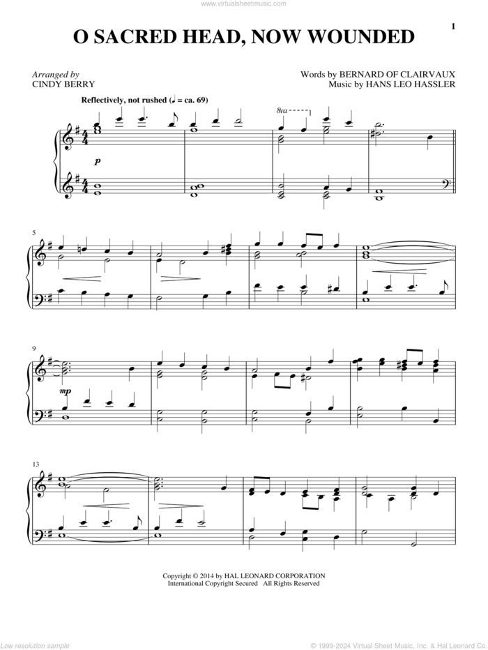 O Sacred Head, Now Wounded sheet music for piano solo by Bernard of Clairvaux, Cindy Berry, Hans Leo Hassler and James Alexander, intermediate skill level