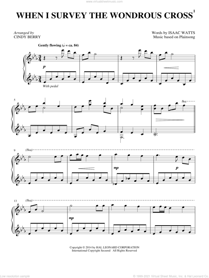 When I Survey The Wondrous Cross, (intermediate) sheet music for piano solo by Isaac Watts, Cindy Berry, Lowell Mason and Miscellaneous, intermediate skill level