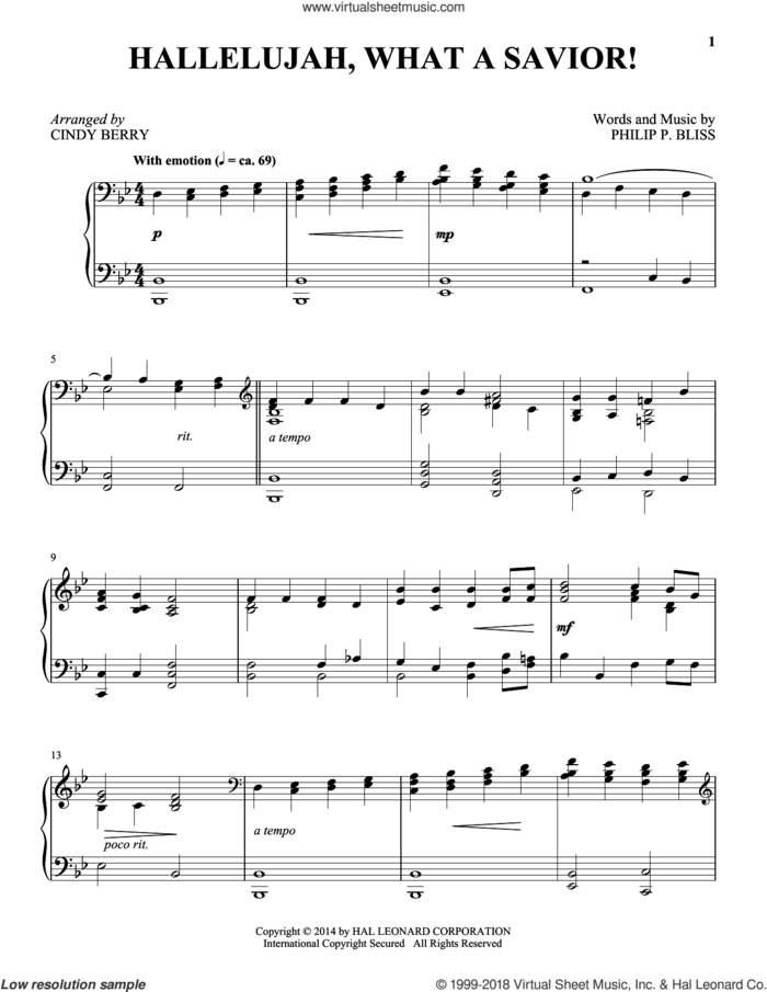 Hallelujah, What A Savior! sheet music for piano solo by Philip P. Bliss and Cindy Berry, intermediate skill level