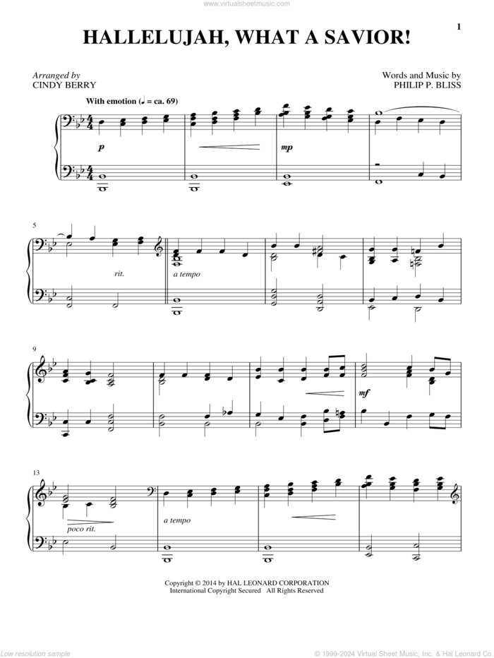 Hallelujah, What A Savior! sheet music for piano solo by Philip P. Bliss and Cindy Berry, intermediate skill level