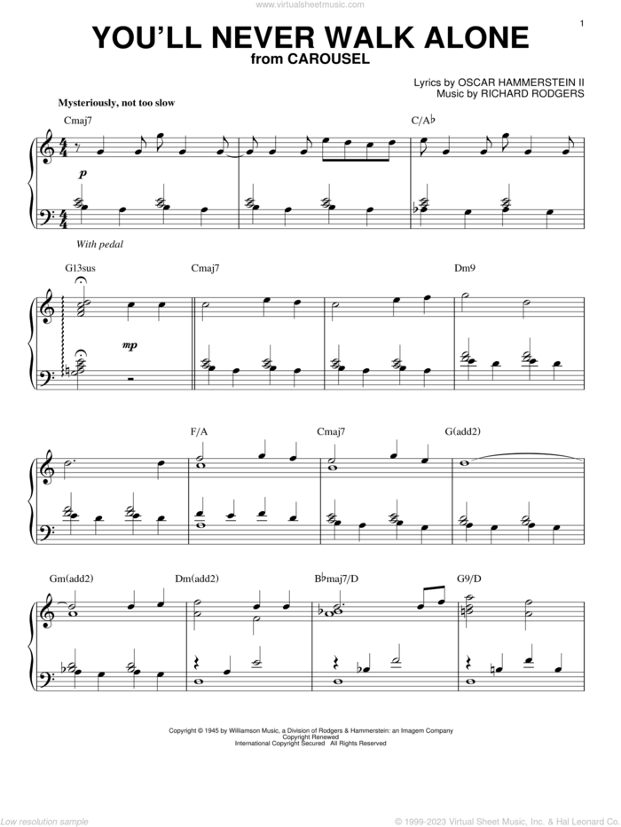 You'll Never Walk Alone [Jazz version] (arr. Brent Edstrom) sheet music for piano solo by Rodgers & Hammerstein, Oscar II Hammerstein and Richard Rodgers, intermediate skill level