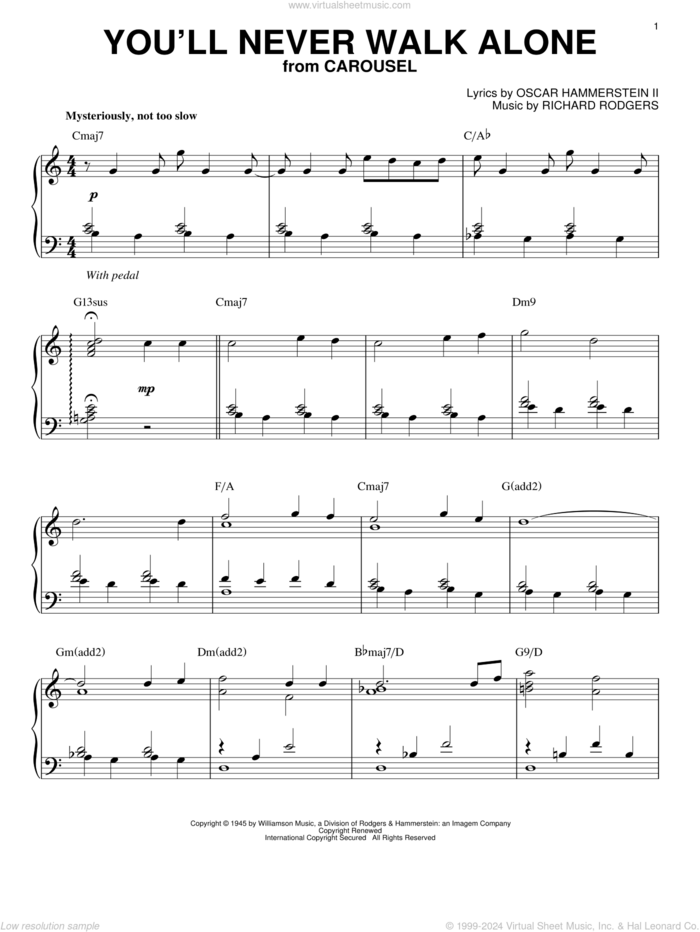 You'll Never Walk Alone [Jazz version] (arr. Brent Edstrom) sheet music for piano solo by Rodgers & Hammerstein, Oscar II Hammerstein and Richard Rodgers, intermediate skill level