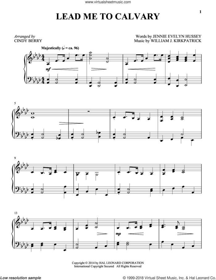 Lead Me To Calvary sheet music for piano solo by William J. Kirkpatrick, Cindy Berry and Jennie Evelyn Hussey, intermediate skill level