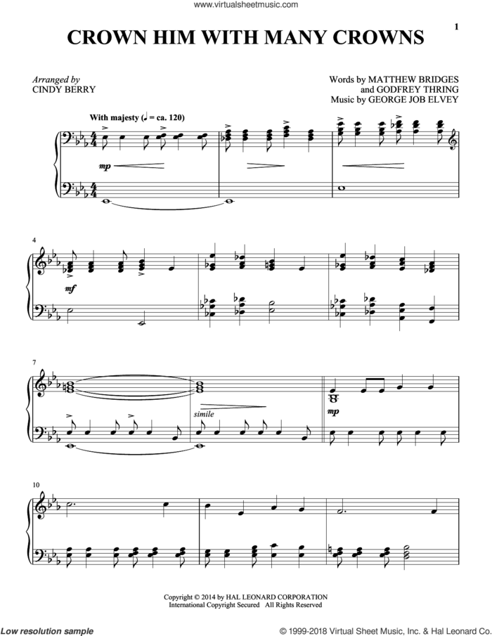 Crown Him With Many Crowns, (intermediate) sheet music for piano solo by George Job Elvey, Cindy Berry, Godfrey Thring and Matthew Bridges, intermediate skill level
