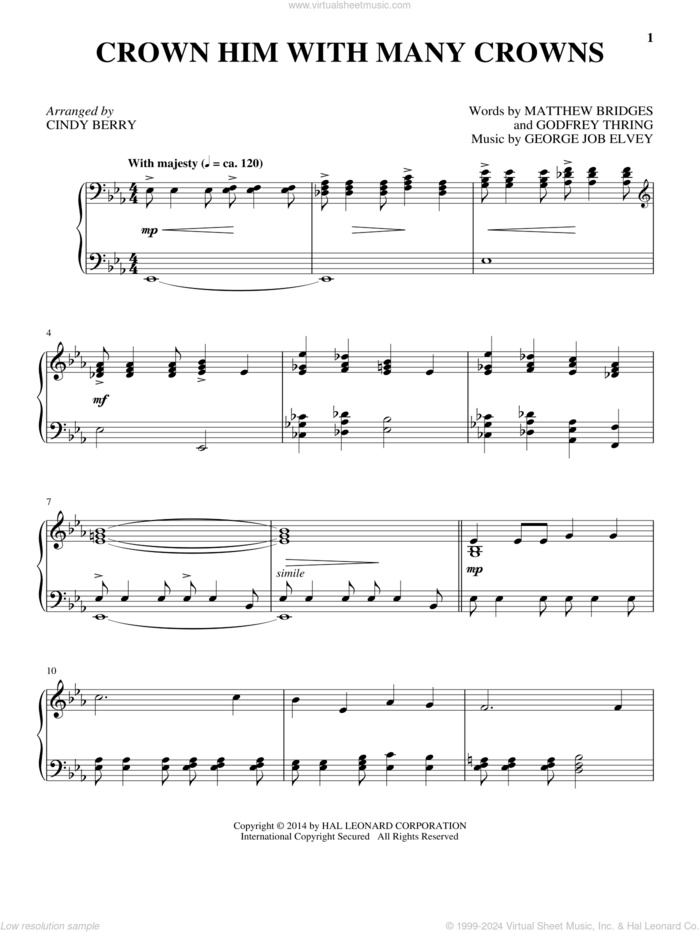 Crown Him With Many Crowns, (intermediate) sheet music for piano solo by George Job Elvey, Cindy Berry, Godfrey Thring and Matthew Bridges, intermediate skill level