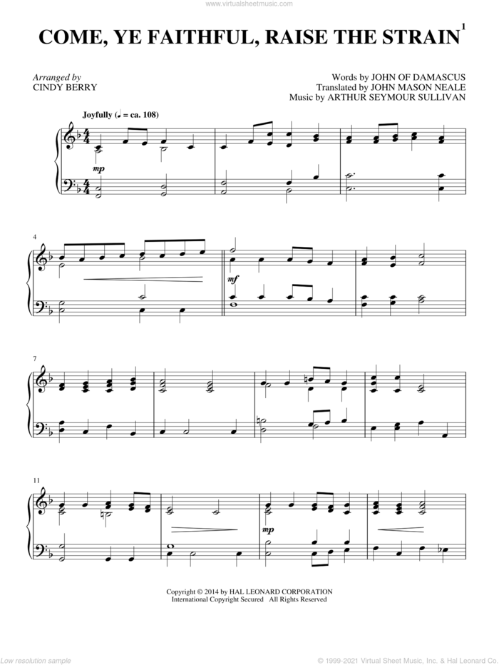 Come, Ye Faithful, Raise The Strain sheet music for piano solo by John Mason Neale, Cindy Berry, Arthur Sullivan and John of Damascus, intermediate skill level
