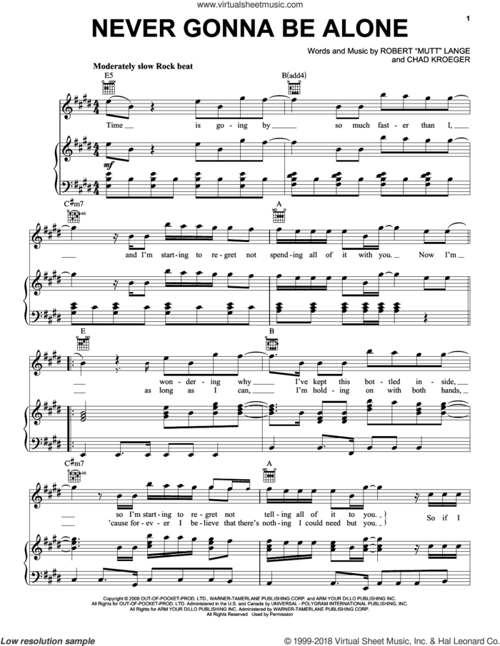 Never Gonna Be Alone sheet music for voice, piano or guitar by Nickelback, Chad Kroeger and Robert 'Mutt' Lange, wedding score, intermediate skill level