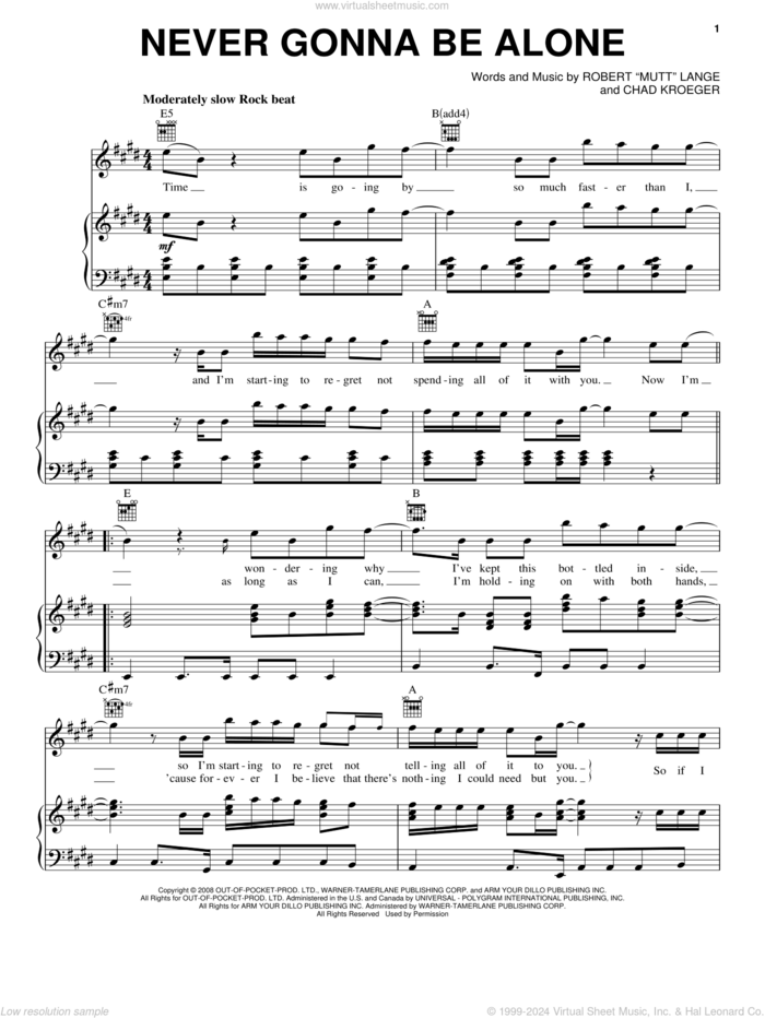 Never Gonna Be Alone sheet music for voice, piano or guitar by Nickelback, Chad Kroeger and Robert 'Mutt' Lange, wedding score, intermediate skill level