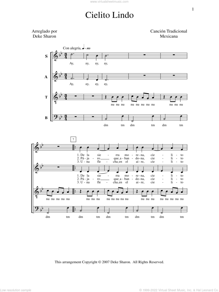 Cielito Lindo sheet music for choir (SATB: soprano, alto, tenor, bass) by Deke Sharon, Anne Raugh and Miscellaneous, intermediate skill level