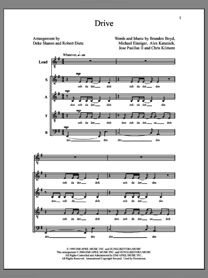 Drive sheet music for choir (SATB A Cappella) by Deke Sharon, Alex Katunich, Anne Raugh2.25, Brandon Boyd, Chris Kilmore, Jose Pasilla II, Michael Einziger and Robert Dietz, intermediate skill level