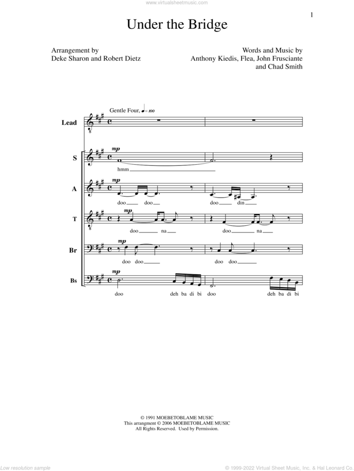 Under The Bridge sheet music for choir (SATBB) by Deke Sharon, Anne Raugh, Anthony Kiedis, Chad Smith, Flea, John Frusciante and Robert Dietz, intermediate skill level