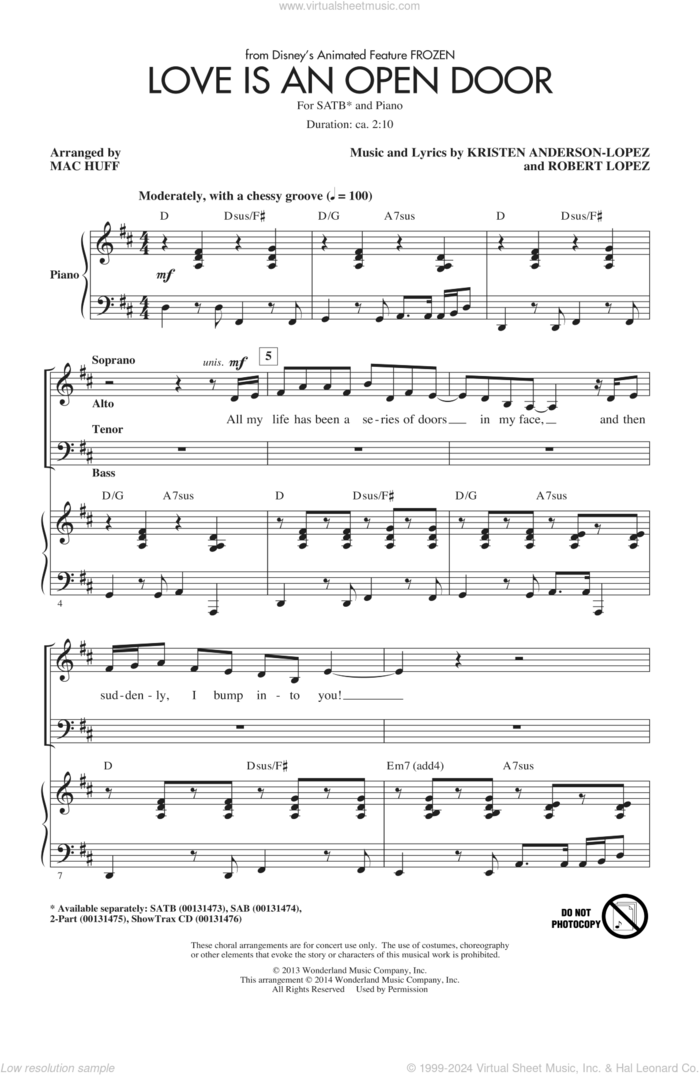 Love Is An Open Door (from Frozen) (arr. Mac Huff) sheet music for choir (SATB: soprano, alto, tenor, bass) by Kristen Anderson-Lopez & Robert Lopez, Mac Huff, Kristen Bell & Santino Fontana, Kristen Anderson-Lopez and Robert Lopez, intermediate skill level