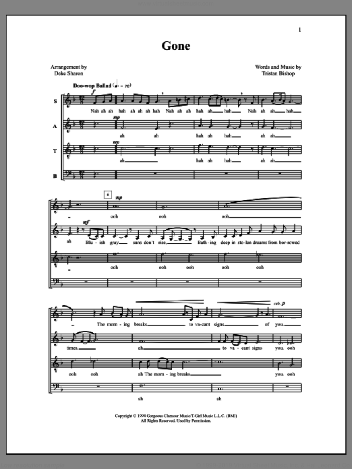 Gone sheet music for choir (SATB: soprano, alto, tenor, bass) by Deke Sharon, Anne Raugh, The Housejacks and Tristan Bishop, intermediate skill level