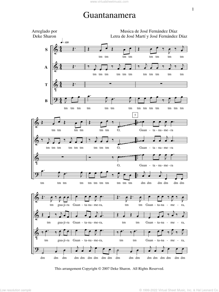 Guantanamera sheet music for choir (SATB: soprano, alto, tenor, bass) by Deke Sharon, Anne Raugh, Jose Fernandez Diaz and Jose Marti, intermediate skill level
