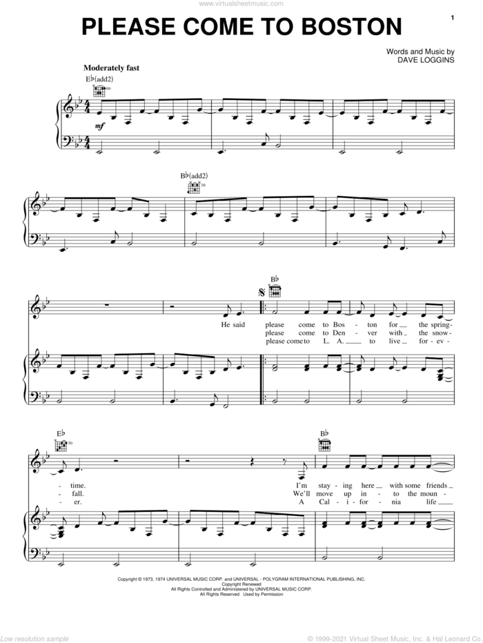 Please Come To Boston sheet music for voice, piano or guitar by Dave Loggins and Glen Campbell, intermediate skill level