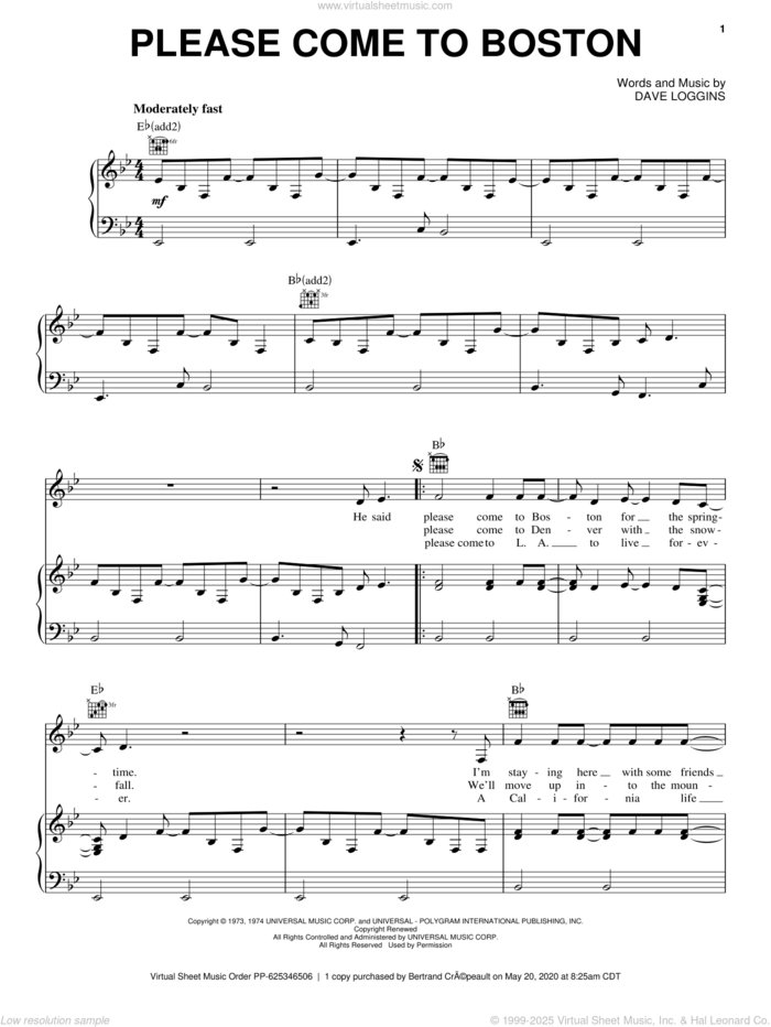 Please Come To Boston sheet music for voice, piano or guitar by Dave Loggins and Glen Campbell, intermediate skill level