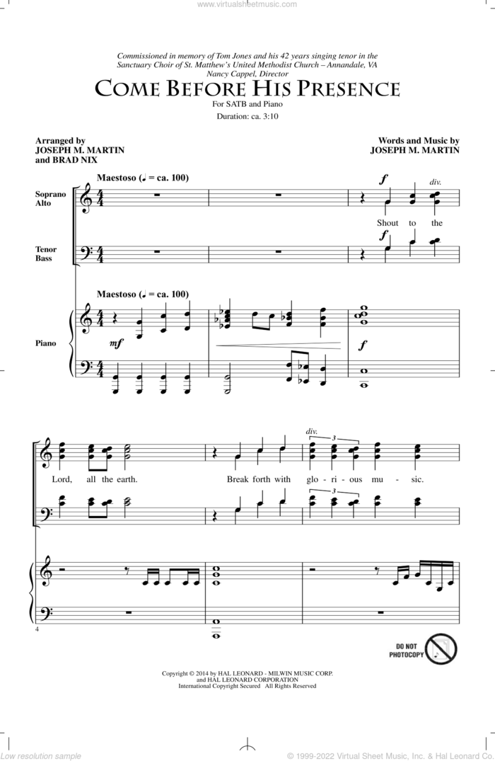 Come Before His Presence sheet music for choir (SATB: soprano, alto, tenor, bass) by Joseph M. Martin and Brad Nix, intermediate skill level