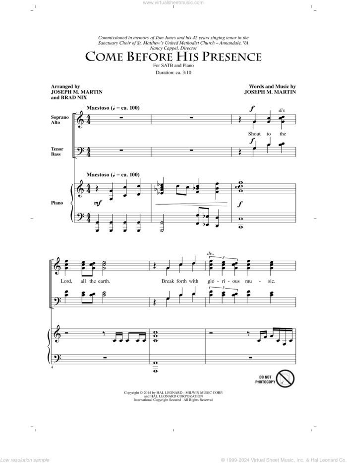 Come Before His Presence sheet music for choir (SATB: soprano, alto, tenor, bass) by Joseph M. Martin and Brad Nix, intermediate skill level