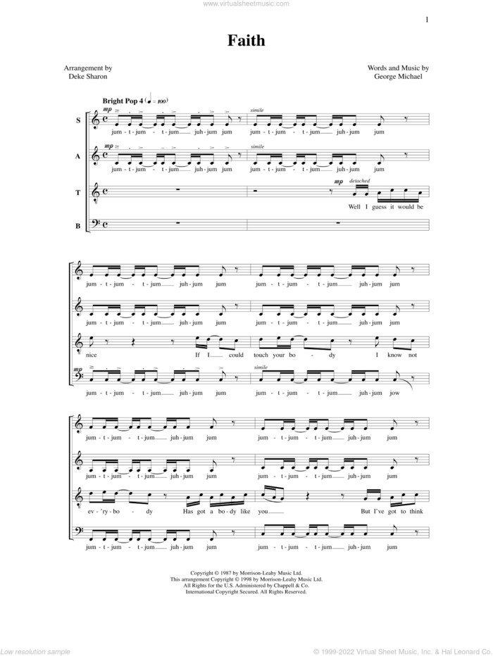 Faith sheet music for choir (SATB: soprano, alto, tenor, bass) by Deke Sharon, Anne Raugh and George Michael, intermediate skill level
