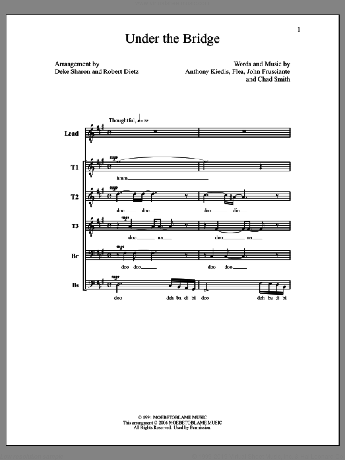 Under The Bridge sheet music for choir (TTTBB) by Deke Sharon, Anne Raugh, Anthony Kiedis, Chad Smith, Flea, John Frusciante and Robert Dietz, intermediate skill level