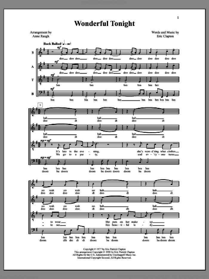 Wonderful Tonight sheet music for choir (SATB: soprano, alto, tenor, bass) by Anne Raugh and Eric Clapton, intermediate skill level