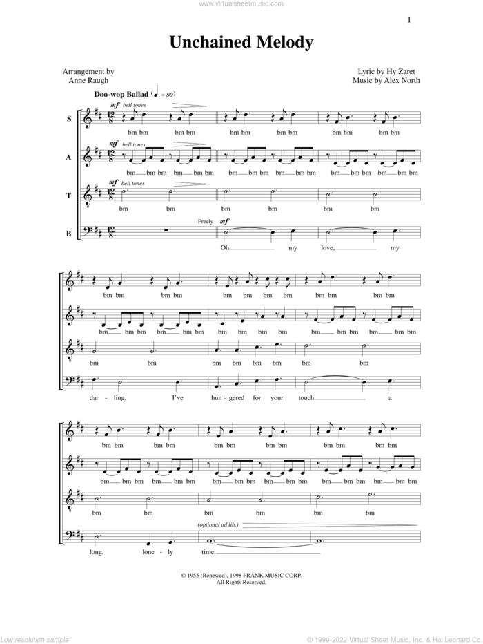 Unchained Melody sheet music for choir (SATB: soprano, alto, tenor, bass) by Anne Raugh, Alex North and Hy Zaret, intermediate skill level