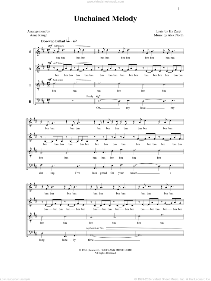 Unchained Melody sheet music for choir (SATB: soprano, alto, tenor, bass) by Anne Raugh, Alex North and Hy Zaret, intermediate skill level