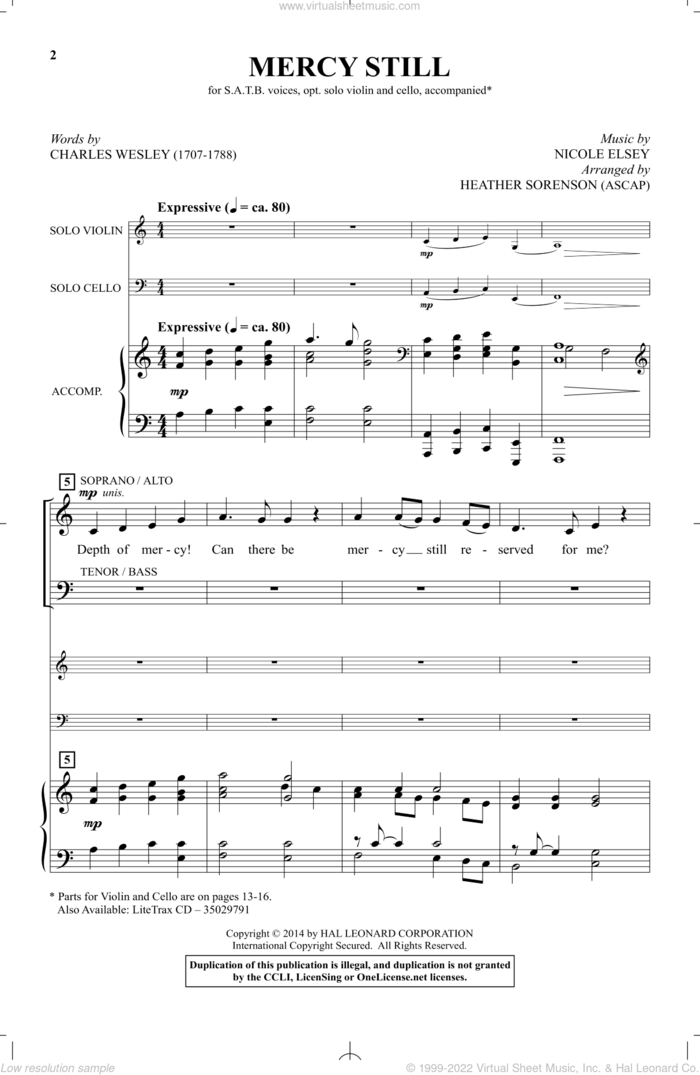 Mercy Still sheet music for choir by Charles Wesley, Heather Sorenson and Nicole Elsey, intermediate skill level