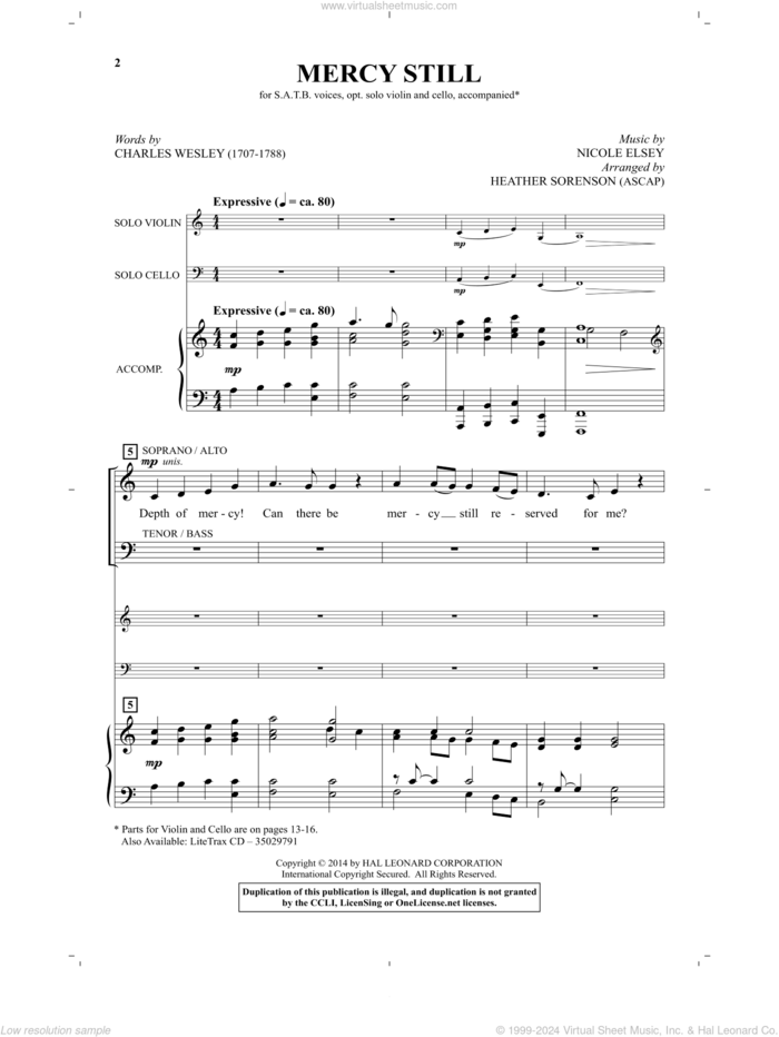 Mercy Still sheet music for choir by Charles Wesley, Heather Sorenson and Nicole Elsey, intermediate skill level