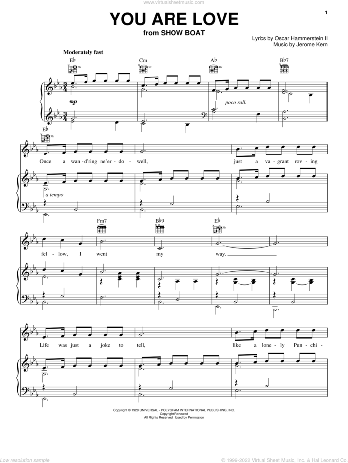 You Are Love sheet music for voice, piano or guitar by Jerome Kern, Show Boat (Musical) and Oscar II Hammerstein, intermediate skill level