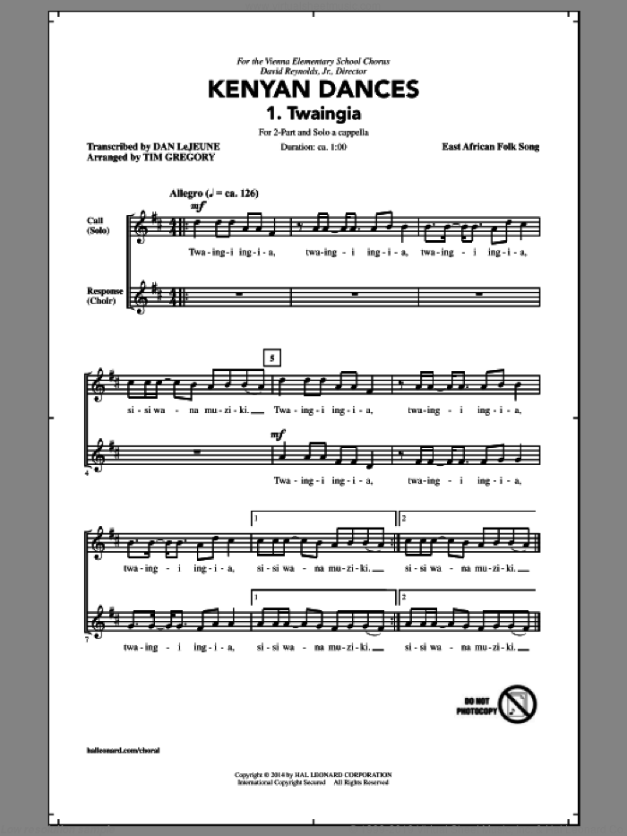 Kwaheri sheet music for choir (2-Part) by Tim Gregory and East African Folk Song, intermediate duet