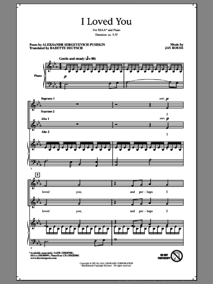 I Loved You sheet music for choir (SSA: soprano, alto) by Jay Rouse and Aleksandr Sergeyevich Pushkin, intermediate skill level
