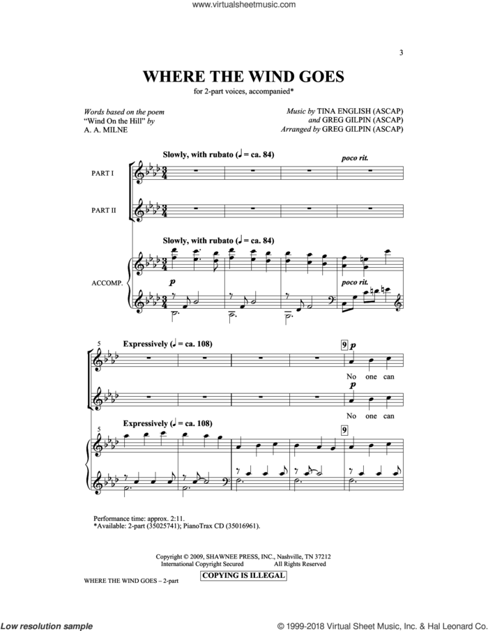 Where The Wind Goes sheet music for choir (2-Part) by Greg Gilpin, Tina English and A.A. Milne, intermediate duet