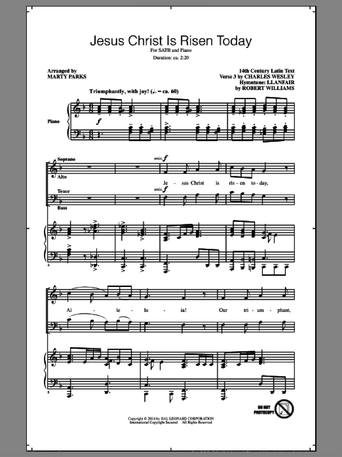 Jesus Christ Is Risen Today sheet music for choir (SATB: soprano, alto, tenor, bass) by Charles Wesley, Marty Parks, Lyra Davidica and Robert Williams, intermediate skill level