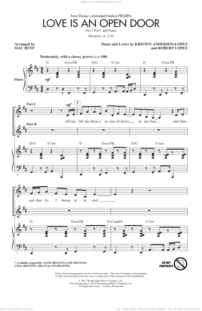 Love Is An Open Door (from Frozen) (arr. Mac Huff) sheet music for choir (2-Part) by Kristen Anderson-Lopez & Robert Lopez, Mac Huff, Kristen Bell & Santino Fontana, Kristen Anderson-Lopez and Robert Lopez, intermediate duet