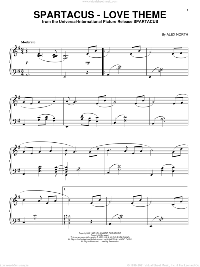 Spartacus - Love Theme, (intermediate) sheet music for piano solo by Alex North, intermediate skill level