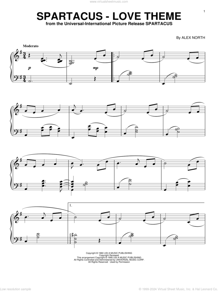 Spartacus - Love Theme, (intermediate) sheet music for piano solo by Alex North, intermediate skill level