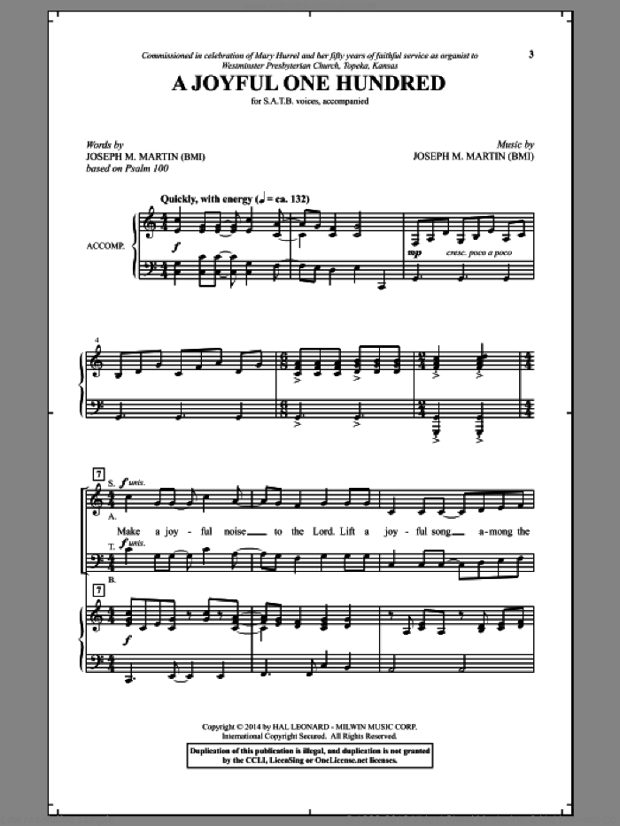 A Joyful One Hundred sheet music for choir (SATB: soprano, alto, tenor, bass) by Joseph M. Martin, intermediate skill level