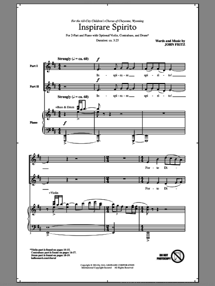 Inspirare Spirito sheet music for choir (2-Part) by John Fritz, intermediate duet