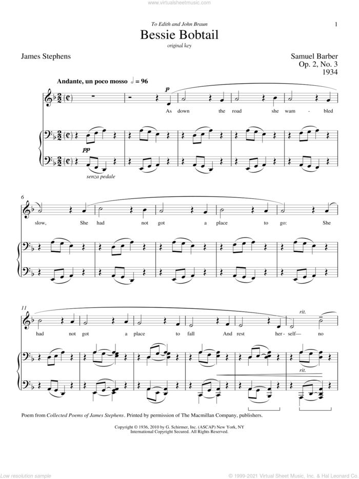 Bessie Bobtail sheet music for voice and piano (High Voice) by Samuel Barber, Richard Walters and James Stephens, classical score, intermediate skill level