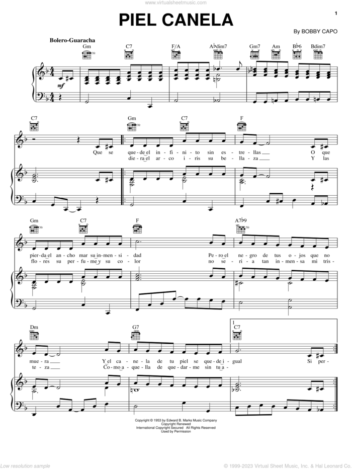 Piel Canela sheet music for voice, piano or guitar by Bobby Capo, intermediate skill level